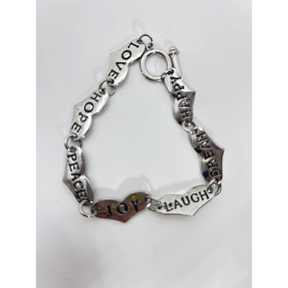 Bracelet Silver Tone Heart Charm PEACE JOY LAUGH DREAM Jewelry Lobster Clasp